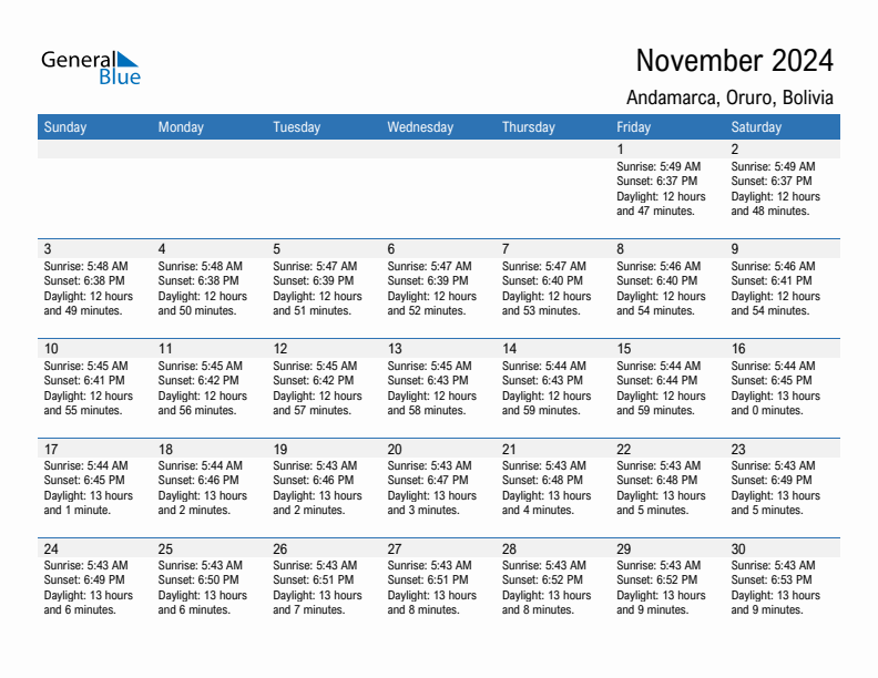 Andamarca November 2024 sunrise and sunset calendar in PDF, Excel, and Word