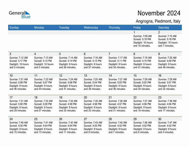 Angrogna November 2024 sunrise and sunset calendar in PDF, Excel, and Word