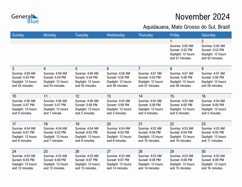 Aquidauana November 2024 sunrise and sunset calendar in PDF, Excel, and Word