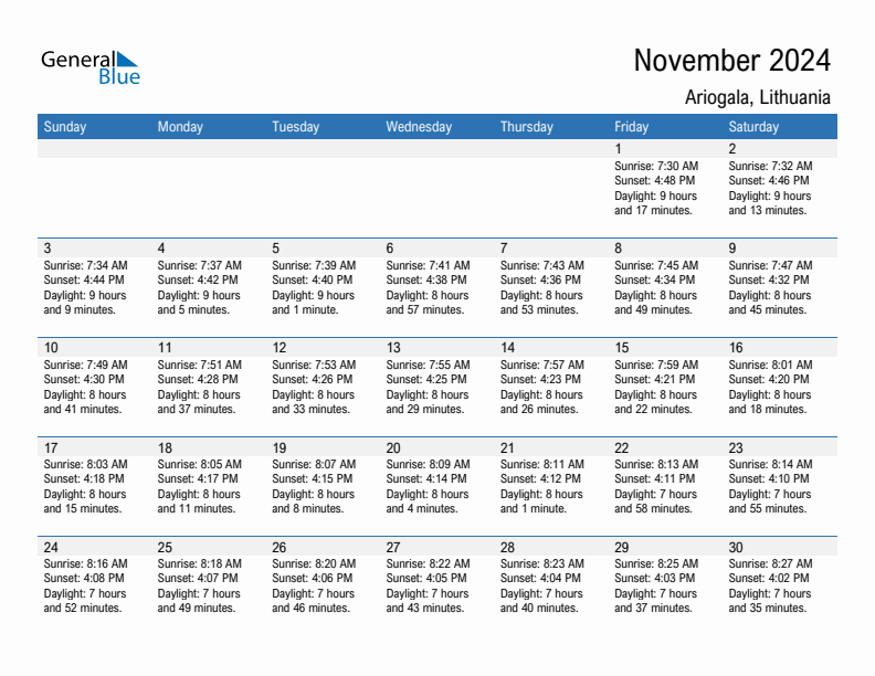 Ariogala November 2024 sunrise and sunset calendar in PDF, Excel, and Word