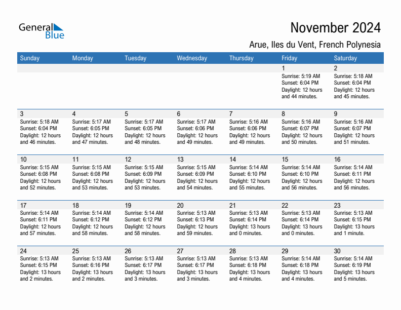 Arue November 2024 sunrise and sunset calendar in PDF, Excel, and Word