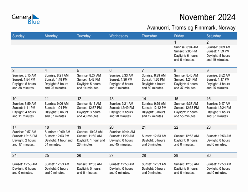 Avanuorri November 2024 sunrise and sunset calendar in PDF, Excel, and Word