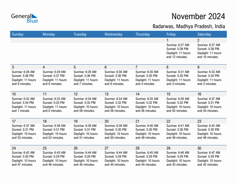 Badarwas November 2024 sunrise and sunset calendar in PDF, Excel, and Word