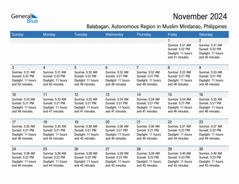 Balabagan November 2024 sunrise and sunset calendar in PDF, Excel, and Word