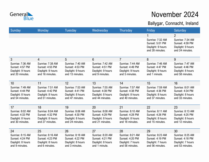 Ballygar November 2024 sunrise and sunset calendar in PDF, Excel, and Word