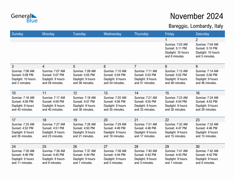 Bareggio November 2024 sunrise and sunset calendar in PDF, Excel, and Word