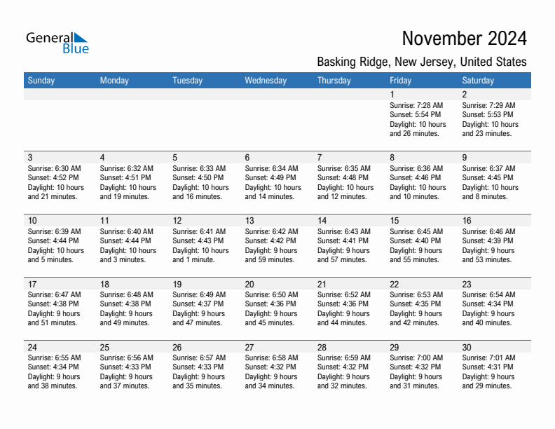 Basking Ridge November 2024 sunrise and sunset calendar in PDF, Excel, and Word