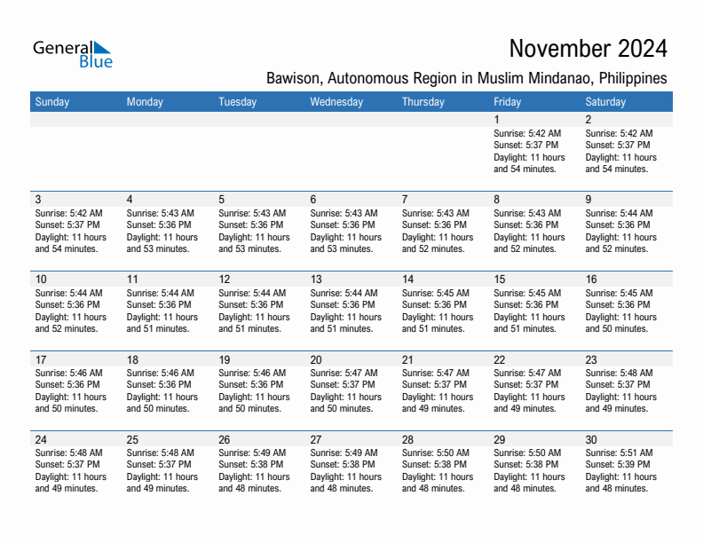 Bawison November 2024 sunrise and sunset calendar in PDF, Excel, and Word