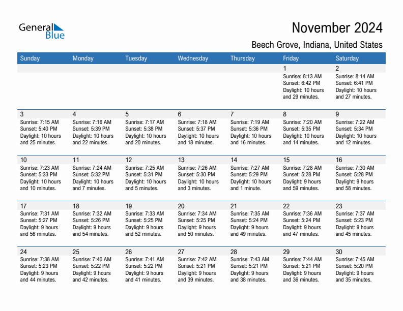 Beech Grove November 2024 sunrise and sunset calendar in PDF, Excel, and Word