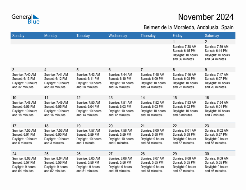 Belmez de la Moraleda November 2024 sunrise and sunset calendar in PDF, Excel, and Word