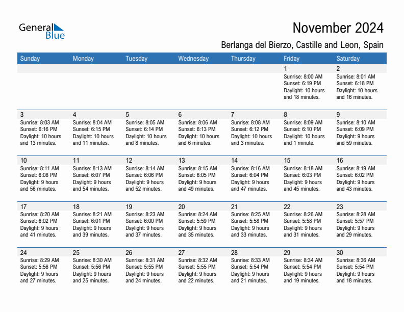 Berlanga del Bierzo November 2024 sunrise and sunset calendar in PDF, Excel, and Word