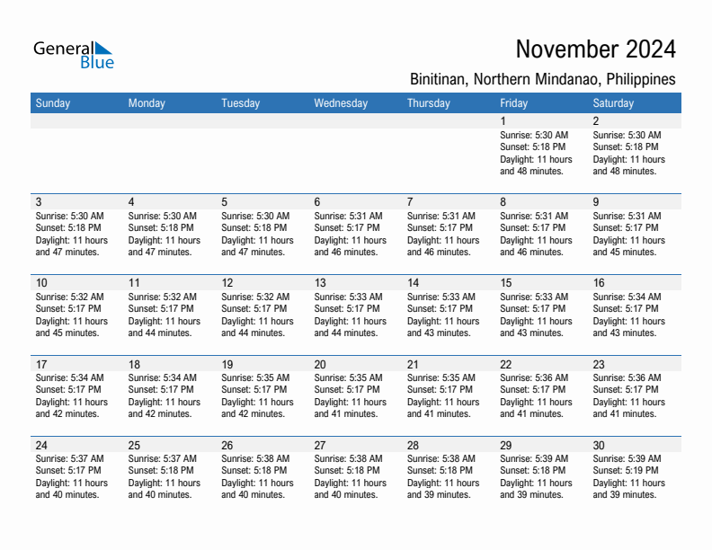 Binitinan November 2024 sunrise and sunset calendar in PDF, Excel, and Word