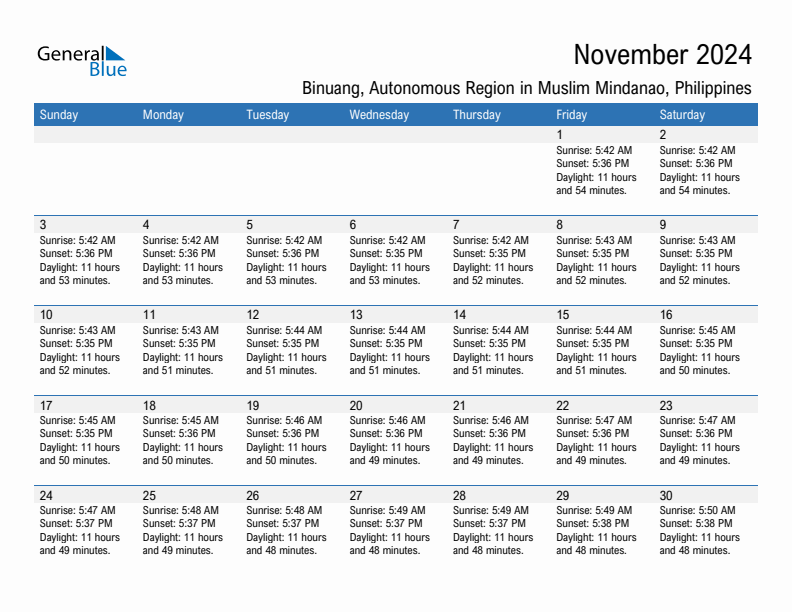 Binuang November 2024 sunrise and sunset calendar in PDF, Excel, and Word