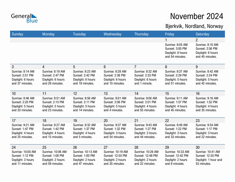 Bjerkvik November 2024 sunrise and sunset calendar in PDF, Excel, and Word