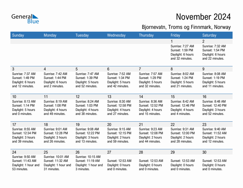 Bjornevatn November 2024 sunrise and sunset calendar in PDF, Excel, and Word