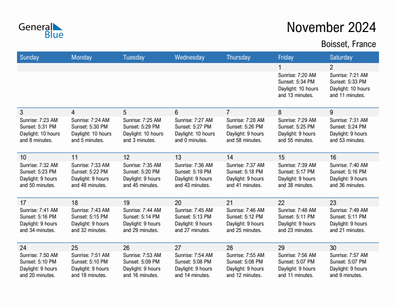 Boisset November 2024 sunrise and sunset calendar in PDF, Excel, and Word