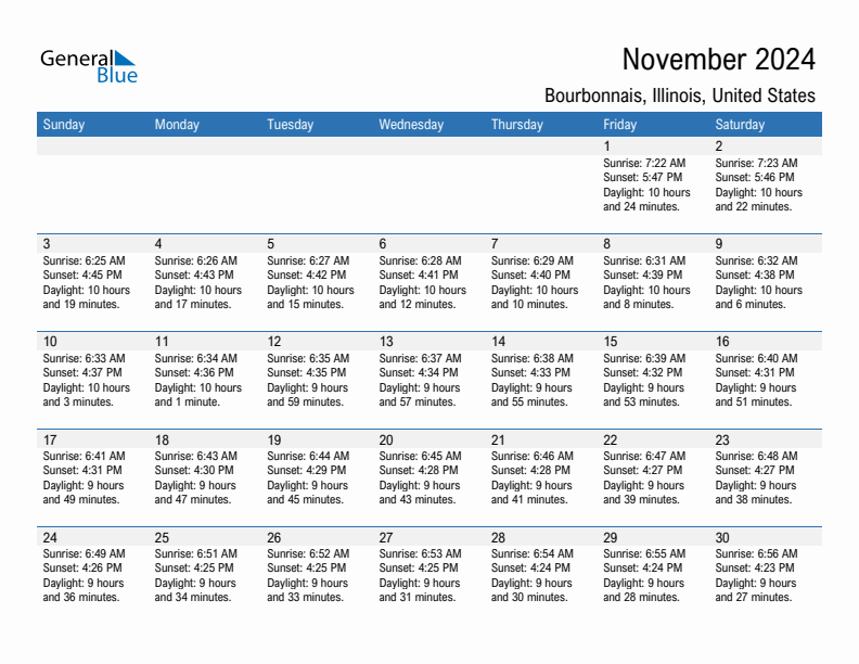 Bourbonnais November 2024 sunrise and sunset calendar in PDF, Excel, and Word