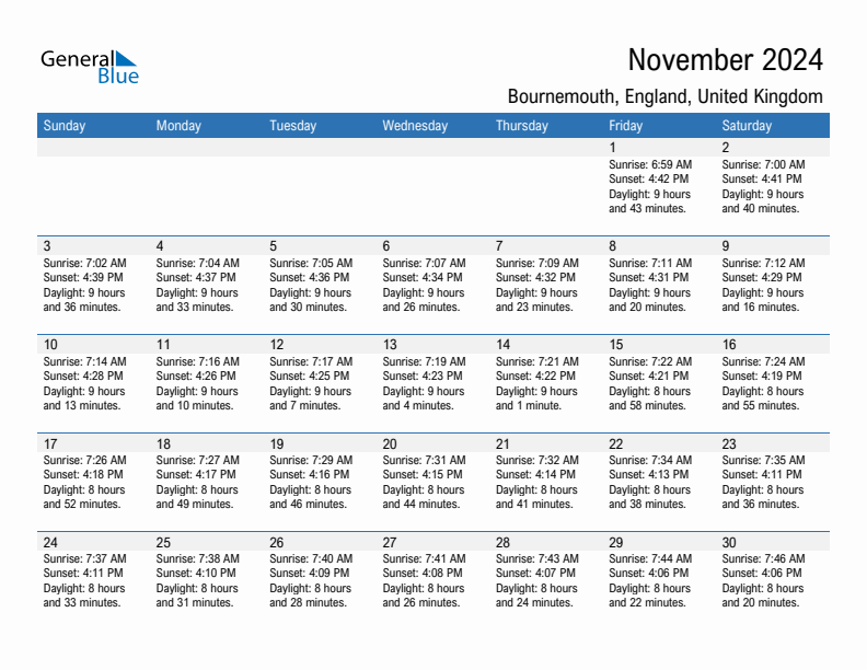 Bournemouth November 2024 sunrise and sunset calendar in PDF, Excel, and Word