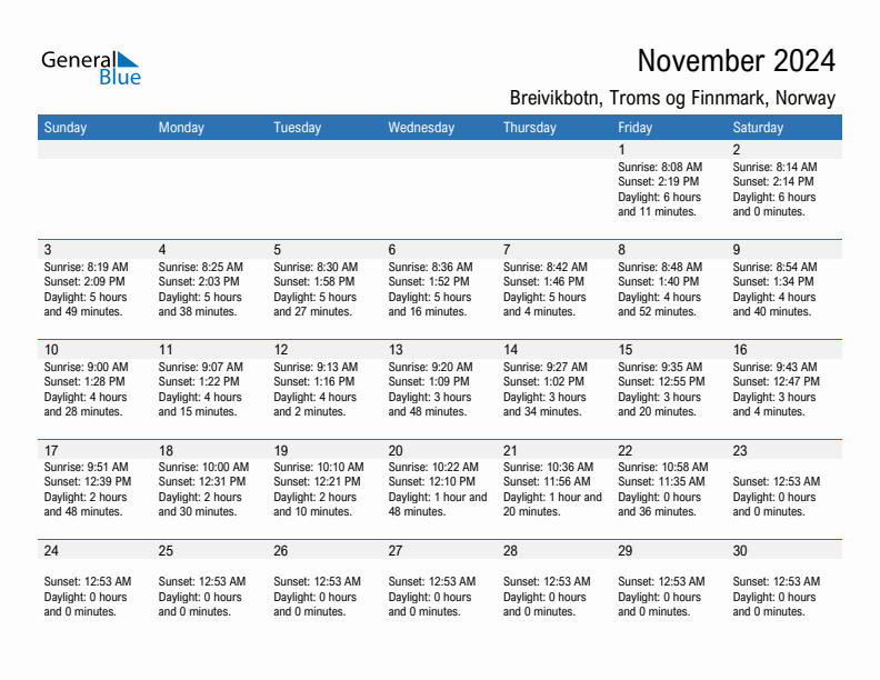 Breivikbotn November 2024 sunrise and sunset calendar in PDF, Excel, and Word