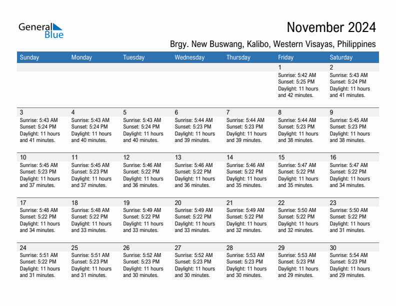 Brgy. New Buswang, Kalibo November 2024 sunrise and sunset calendar in PDF, Excel, and Word