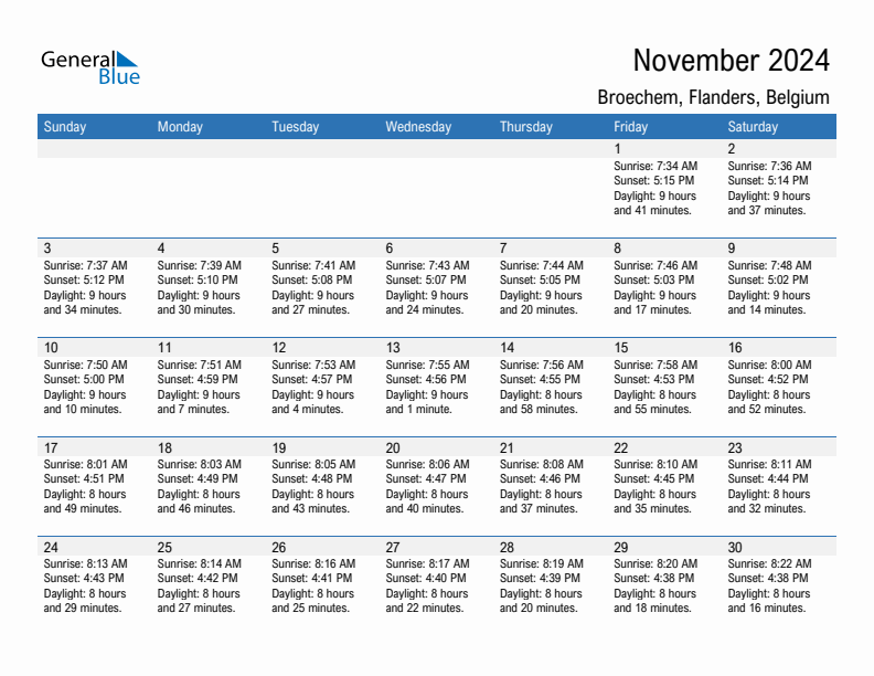 Broechem November 2024 sunrise and sunset calendar in PDF, Excel, and Word