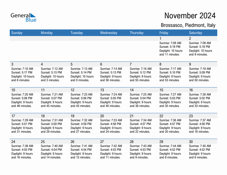 Brossasco November 2024 sunrise and sunset calendar in PDF, Excel, and Word