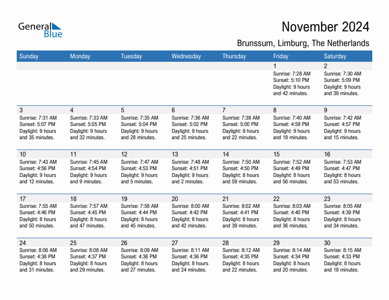 Brunssum November 2024 sunrise and sunset calendar in PDF, Excel, and Word