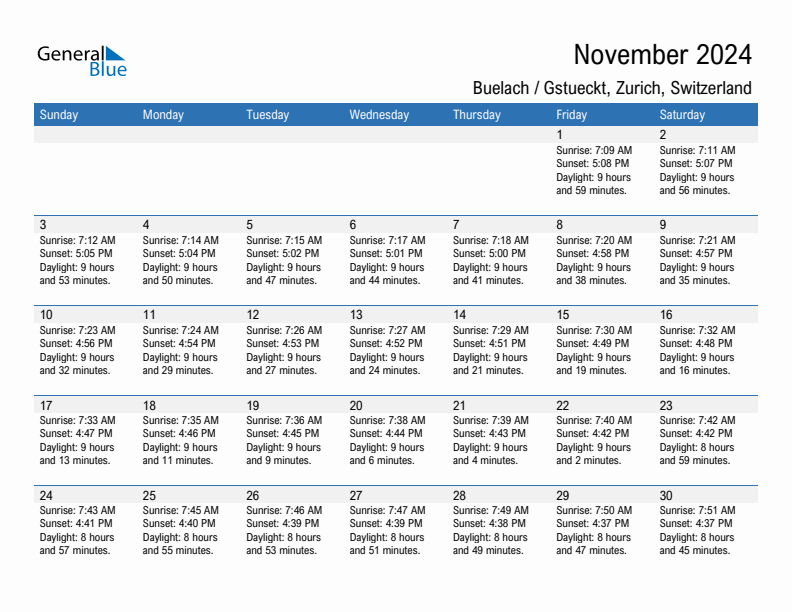 Buelach / Gstueckt November 2024 sunrise and sunset calendar in PDF, Excel, and Word