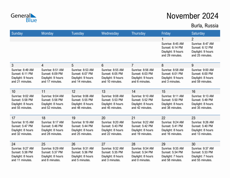 Burla November 2024 sunrise and sunset calendar in PDF, Excel, and Word