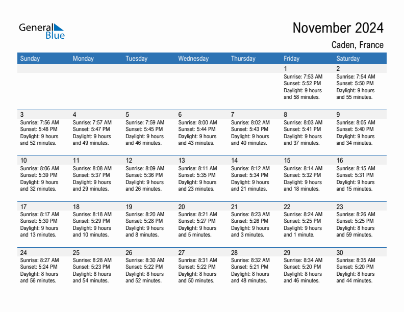 Caden November 2024 sunrise and sunset calendar in PDF, Excel, and Word