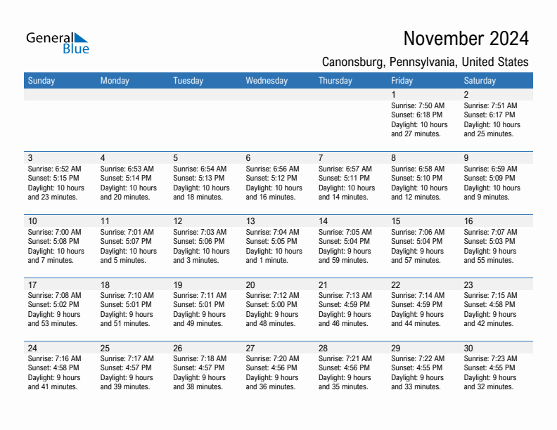 Canonsburg November 2024 sunrise and sunset calendar in PDF, Excel, and Word