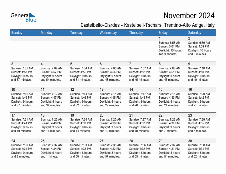 Castelbello-Ciardes - Kastelbell-Tschars November 2024 sunrise and sunset calendar in PDF, Excel, and Word