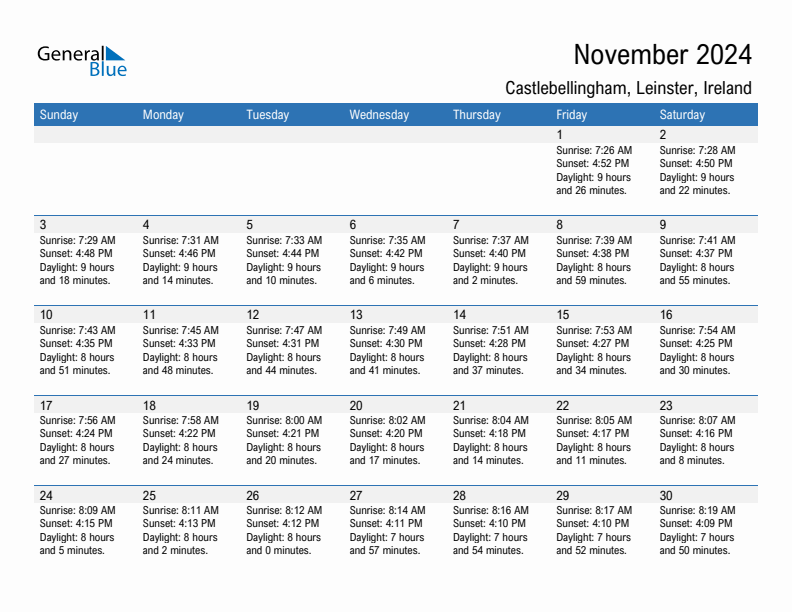 Castlebellingham November 2024 sunrise and sunset calendar in PDF, Excel, and Word