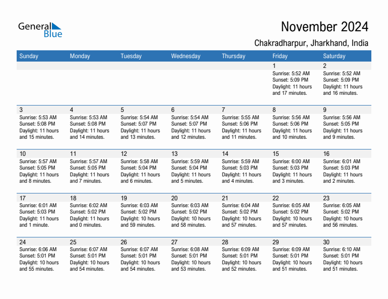 Chakradharpur November 2024 sunrise and sunset calendar in PDF, Excel, and Word