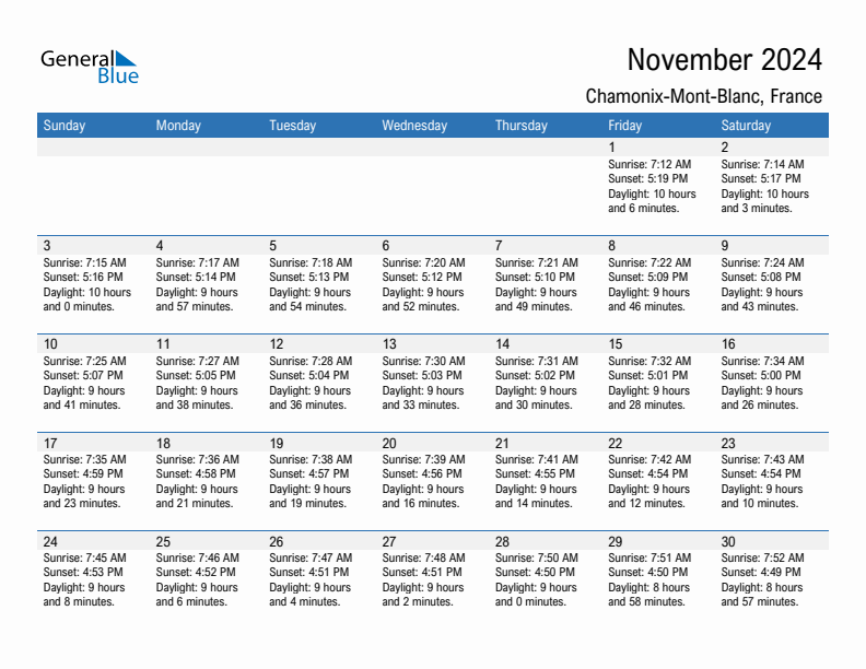 Chamonix-Mont-Blanc November 2024 sunrise and sunset calendar in PDF, Excel, and Word