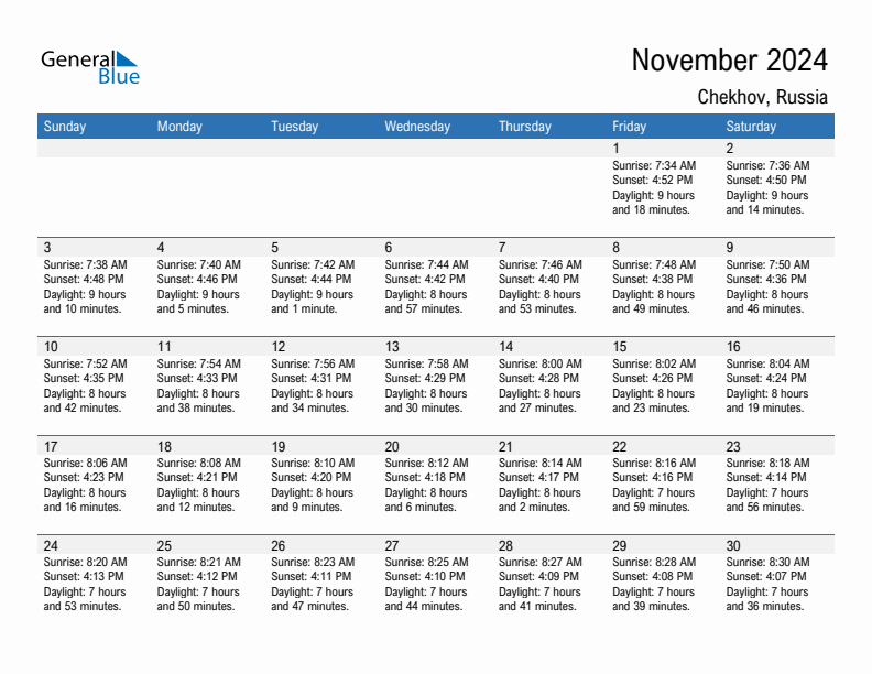 Chekhov November 2024 sunrise and sunset calendar in PDF, Excel, and Word