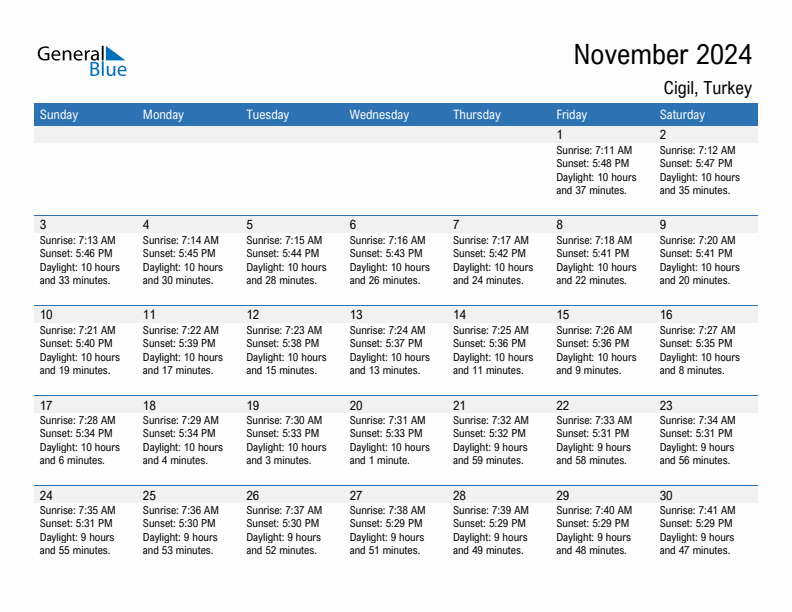 Cigil November 2024 sunrise and sunset calendar in PDF, Excel, and Word