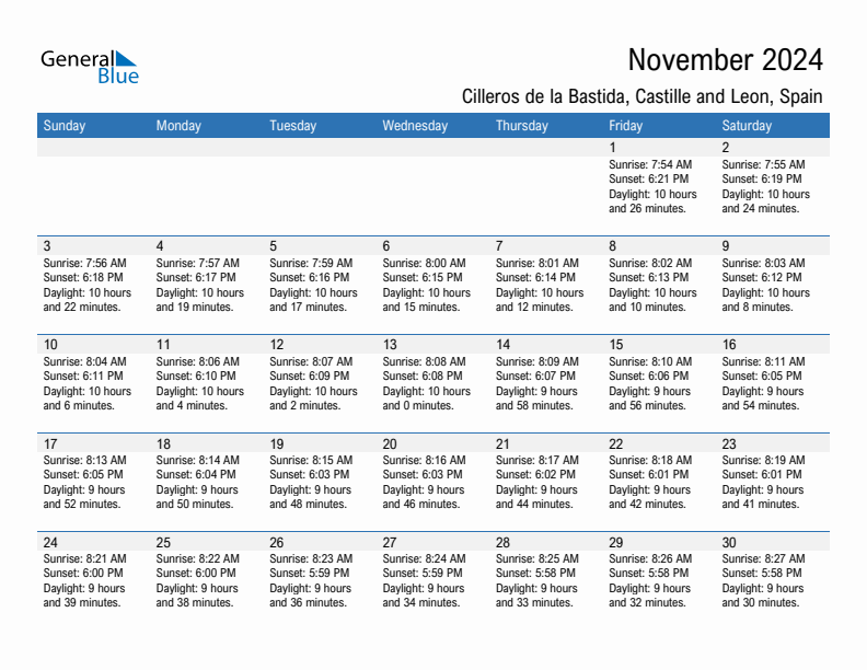 Cilleros de la Bastida November 2024 sunrise and sunset calendar in PDF, Excel, and Word