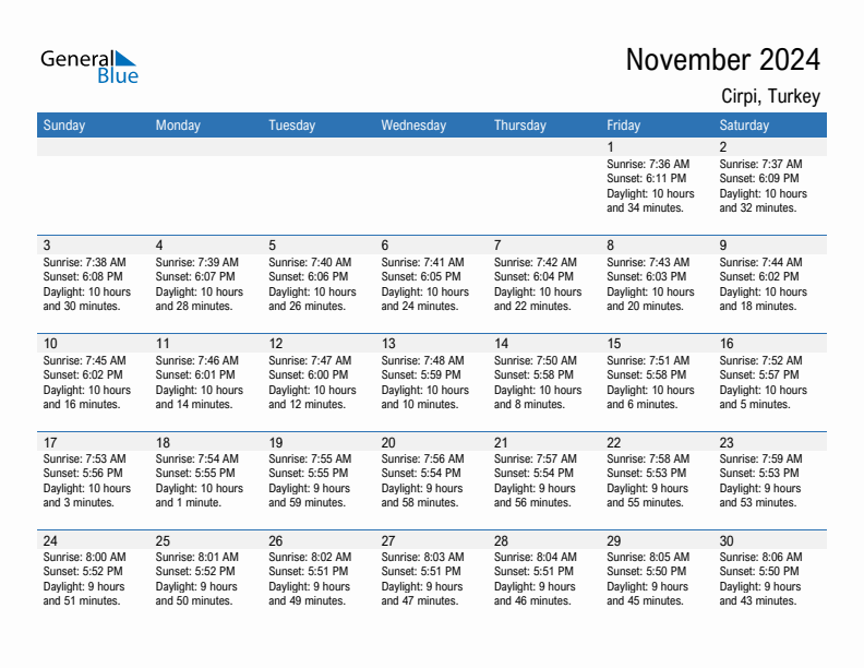 Cirpi November 2024 sunrise and sunset calendar in PDF, Excel, and Word