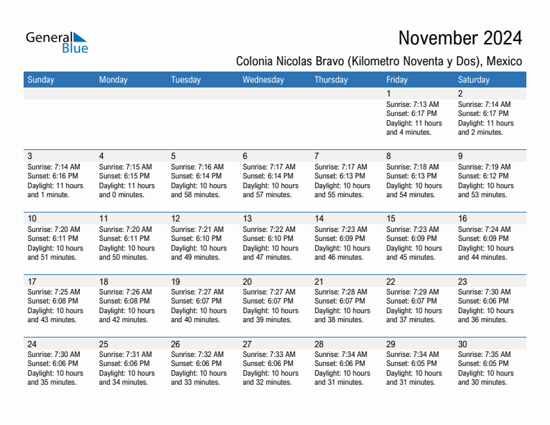 Colonia Nicolas Bravo (Kilometro Noventa y Dos) November 2024 sunrise and sunset calendar in PDF, Excel, and Word