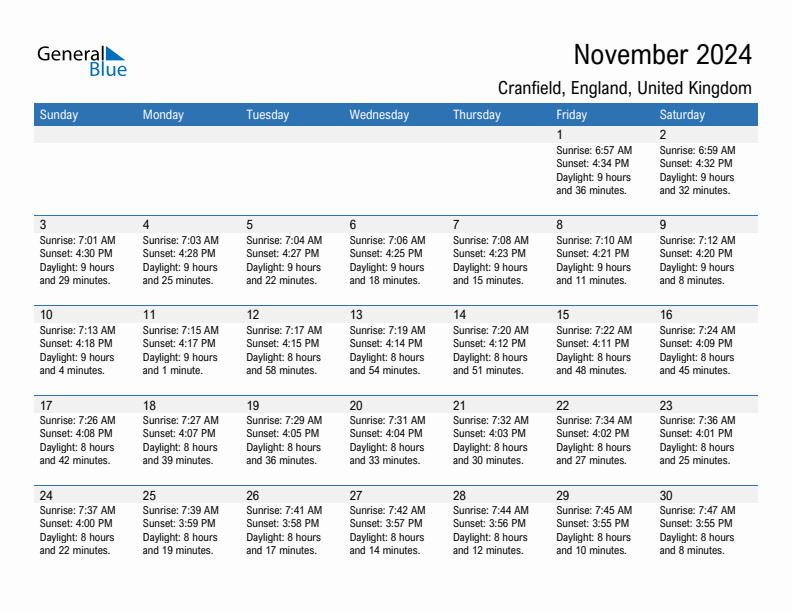 Cranfield November 2024 sunrise and sunset calendar in PDF, Excel, and Word