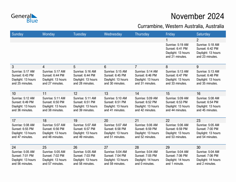 Currambine November 2024 sunrise and sunset calendar in PDF, Excel, and Word