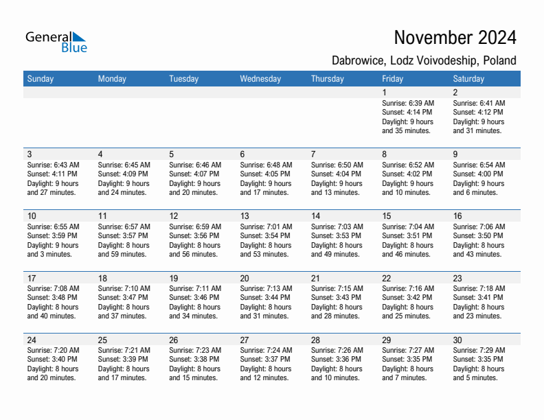 Dabrowice November 2024 sunrise and sunset calendar in PDF, Excel, and Word