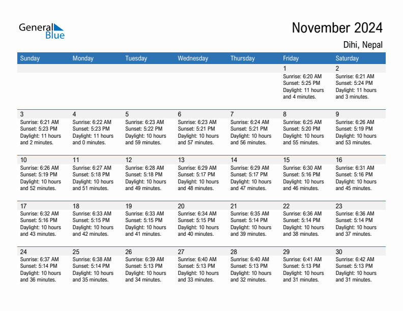 Dihi November 2024 sunrise and sunset calendar in PDF, Excel, and Word