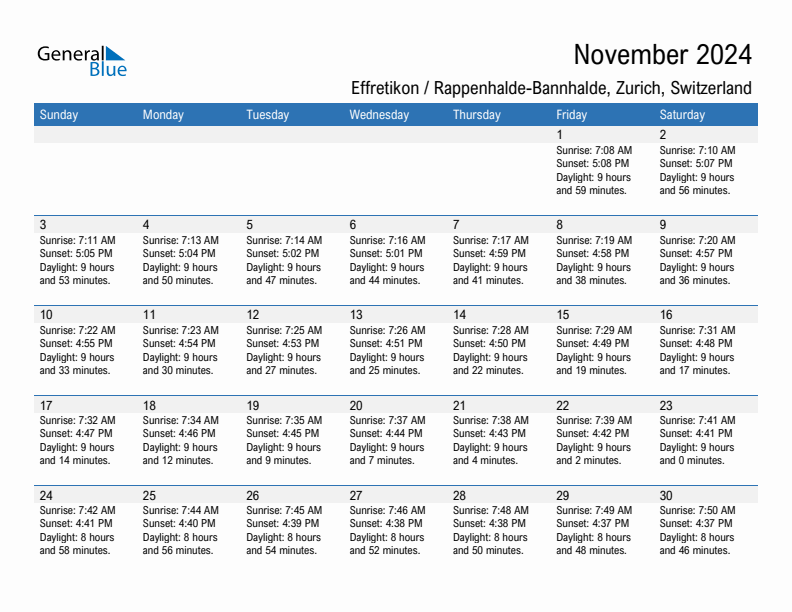 Effretikon / Rappenhalde-Bannhalde November 2024 sunrise and sunset calendar in PDF, Excel, and Word