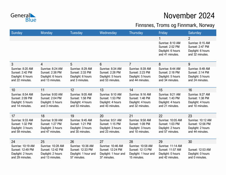 Finnsnes November 2024 sunrise and sunset calendar in PDF, Excel, and Word