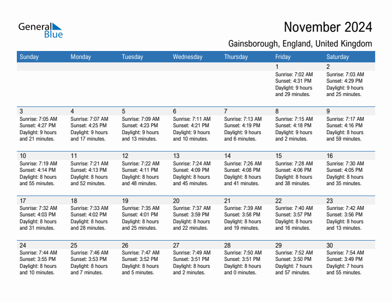 Gainsborough November 2024 sunrise and sunset calendar in PDF, Excel, and Word