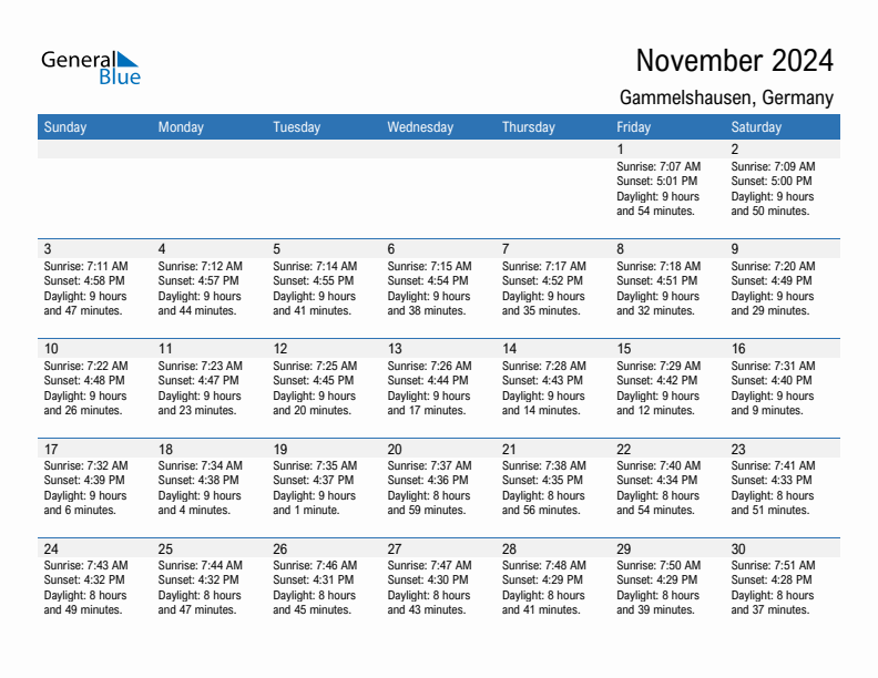 Gammelshausen November 2024 sunrise and sunset calendar in PDF, Excel, and Word