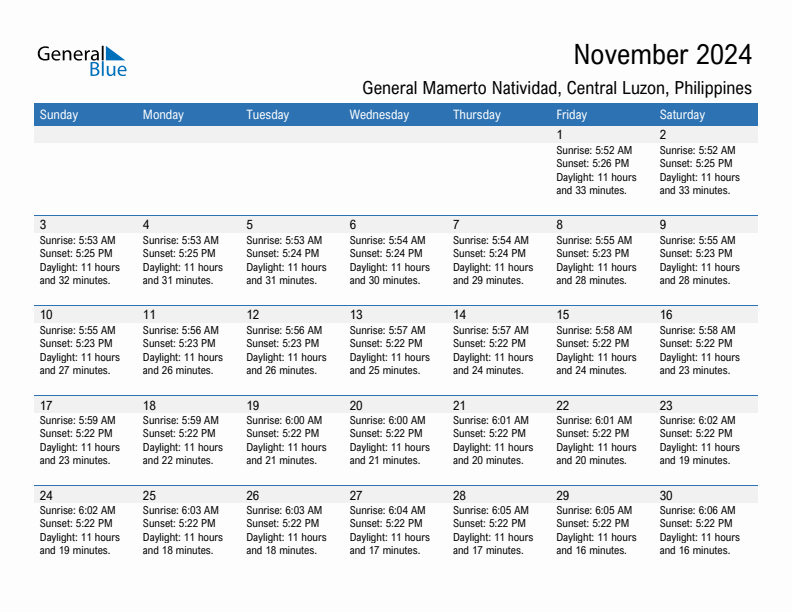 General Mamerto Natividad November 2024 sunrise and sunset calendar in PDF, Excel, and Word