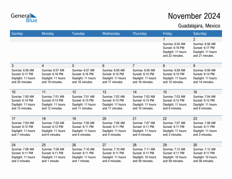 Guadalajara November 2024 sunrise and sunset calendar in PDF, Excel, and Word